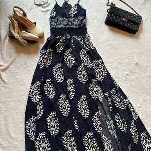 Fashion Nova Navy and White Patterned Maxi Dress